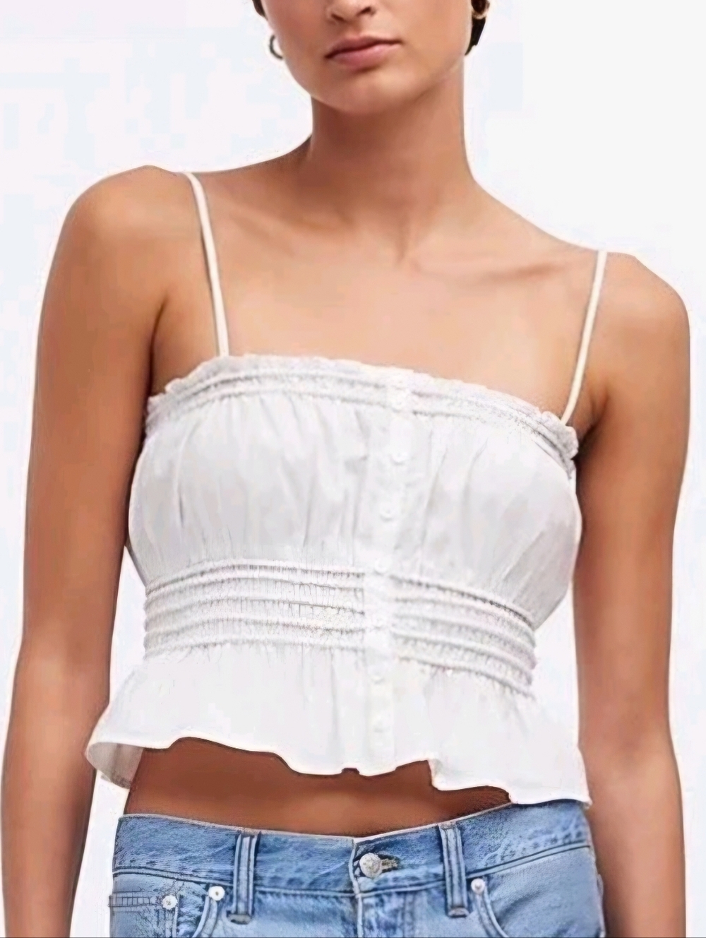 Madewell White Smocked Spaghetti-Strap Crop Top